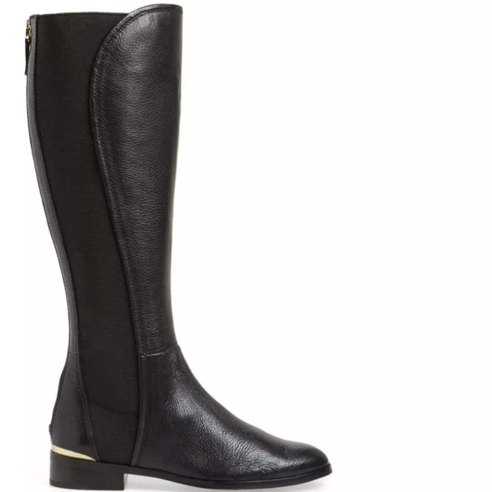 Louise et Cie Womens Vallery Tall Black Leather Boots Black Elastic Panels 7.5